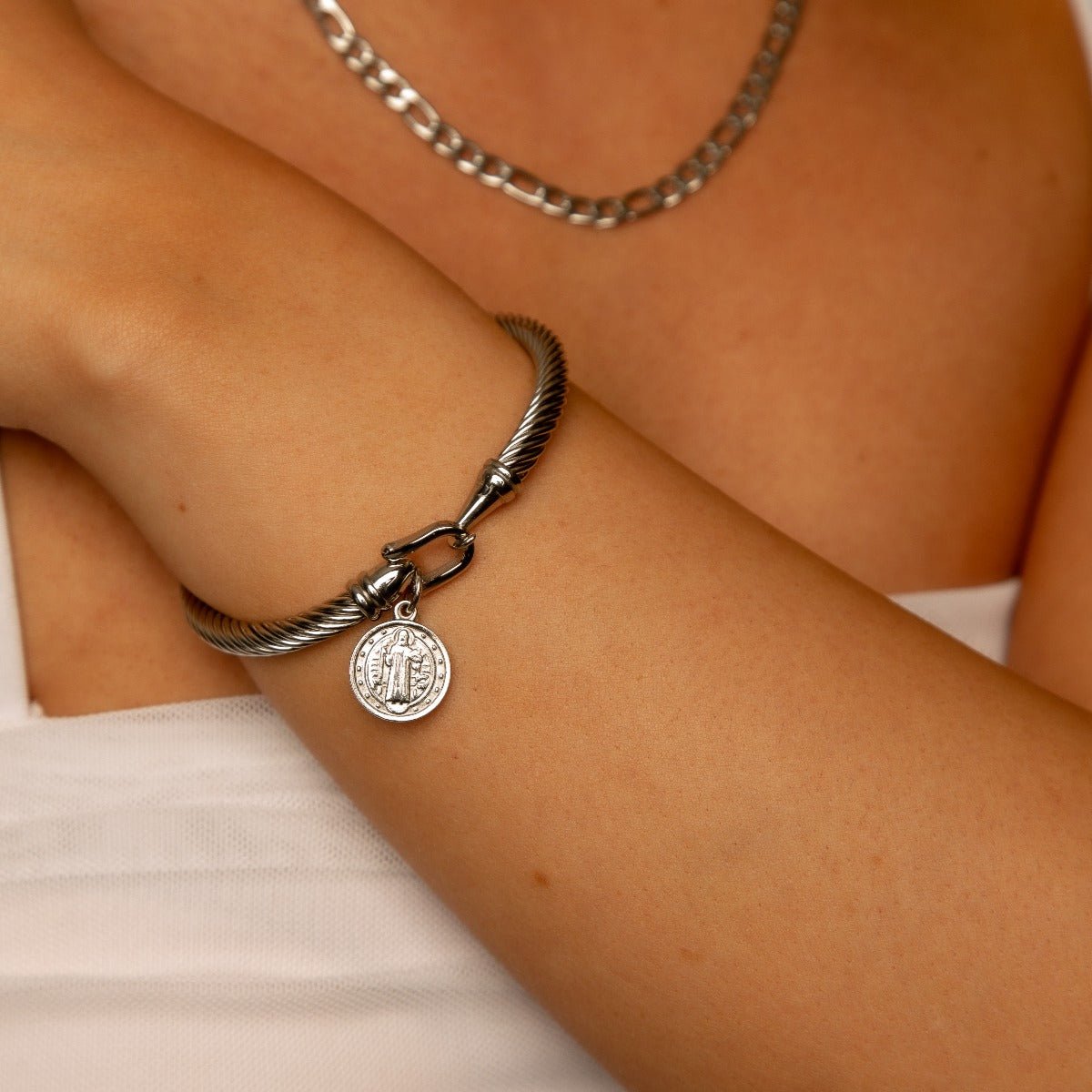 Nacre Orbit Sculpted Bracelet in silver-tone, alternate product angle