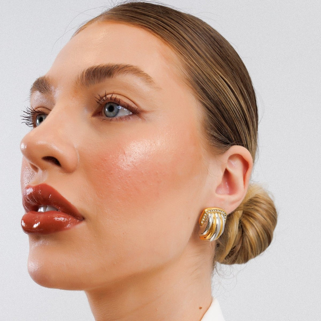 Lumet Crest Light Accent Earrings in mixed gold- and silver-tone, close-up detail view