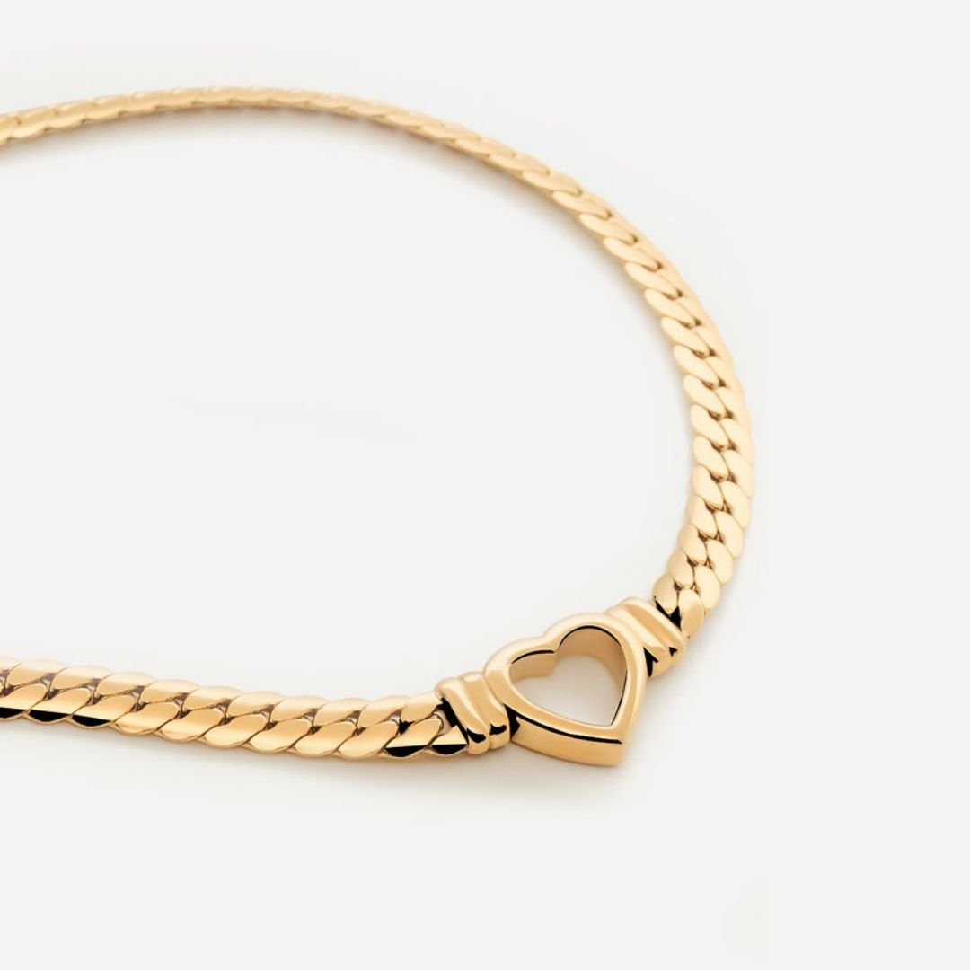 Sora Bloom Heart Outline Necklace in gold-tone, close-up detail view