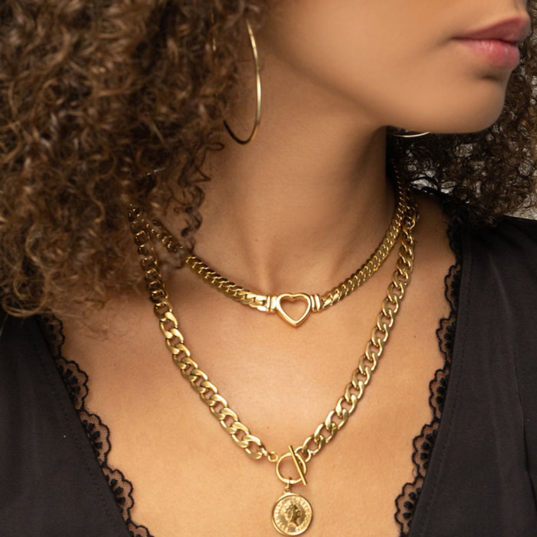 Sora Bloom Heart Outline Necklace in gold-tone, side profile view